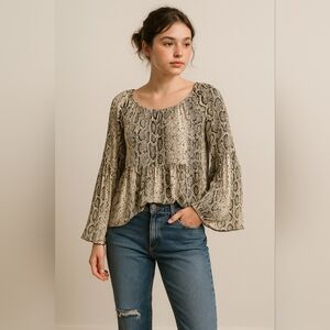 Floral & Ivy Snake Print Babydoll Blouse Small Accordion‎ Sleeve Boho Chic